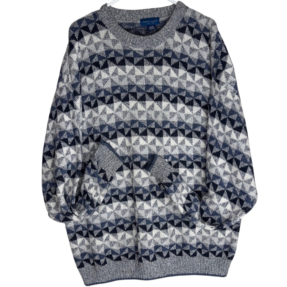 Towncraft Sweater Mens Large Blue Grey Cotton Blend Geometric Knit Crewneck USA